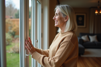 Femme d'&acirc;ge moyen pr&egrave;s d'une grande fen&ecirc;tre moderne en automne
