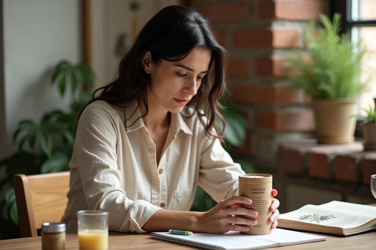 Femme lisant l'étiquette d'une bougie écologique en papier kraft posée sur un bureau en bois avec d'autres bougies naturelles