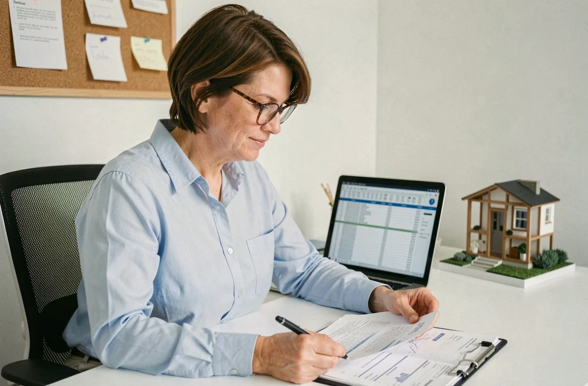 Femme planifiant le budget de son studio de jardin avec des documents financiers sur son bureau