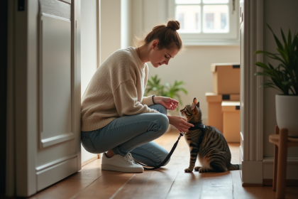 Jeune femme attachant un harnais à un chat dans un appartement moderne
