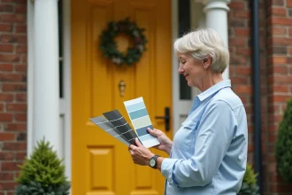 Femme comparant des échantillons de couleur devant sa maison