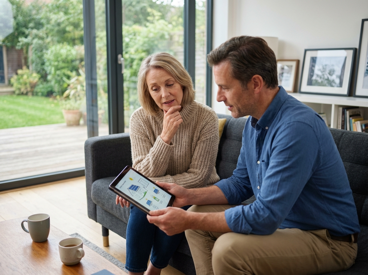 Femme discutant de panneaux solaires avec un professionnel dans un salon