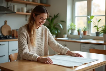 Femme arrangeant une couverture protectrice sur une table en bois
