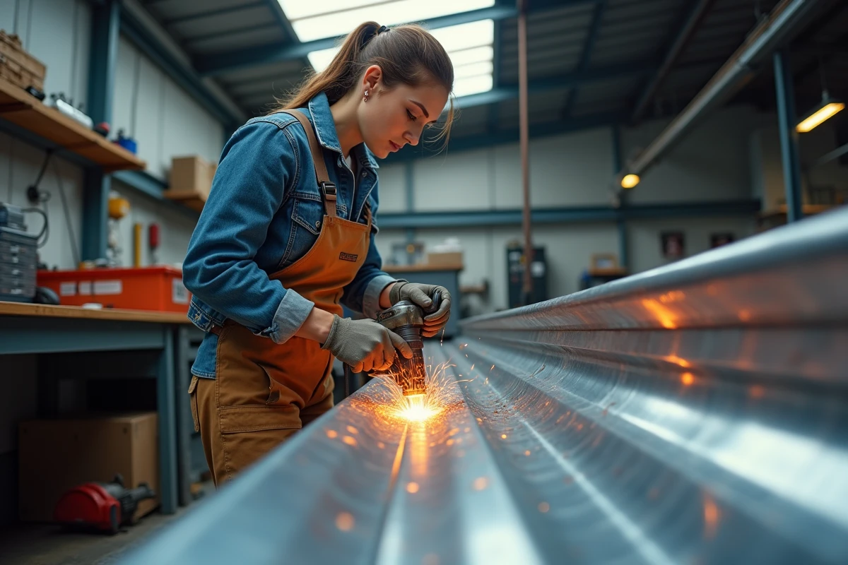 Femme couvreuse utilisant un pistolet &agrave; air pour chauffer une goutti&egrave;re zinc dans un atelier