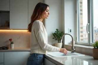 Jeune femme dans la cuisine remplissant l'évier