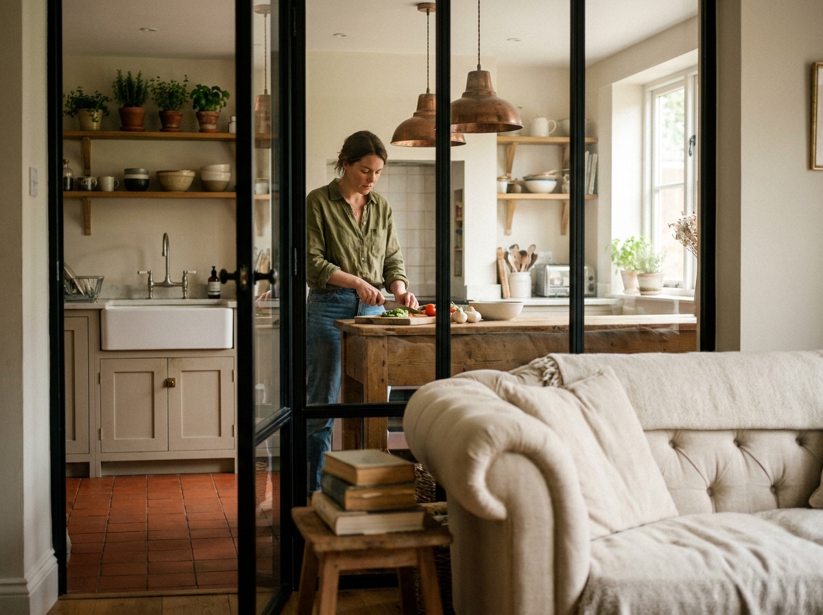 Femme cuisinant vue à travers une verrière industrielle noire séparant la cuisine ouverte d'un coin lecture cosy