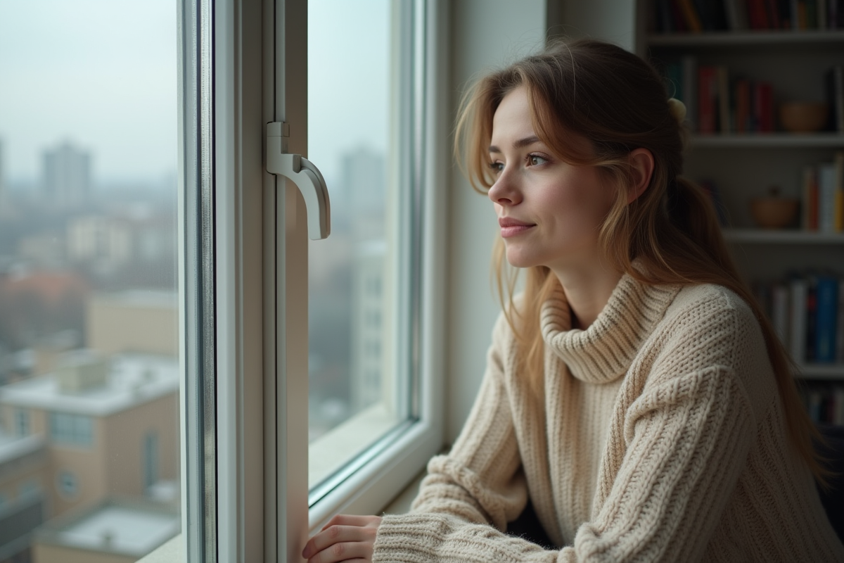 Jeune femme montrant la différence entre vitrage isolant et frosted