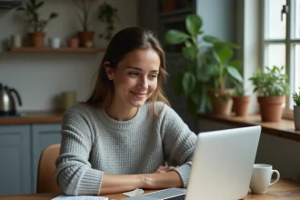 Femme consultant un devis décoration gratuit en ligne sur son ordinateur portable dans un appartement modeste et chaleureux