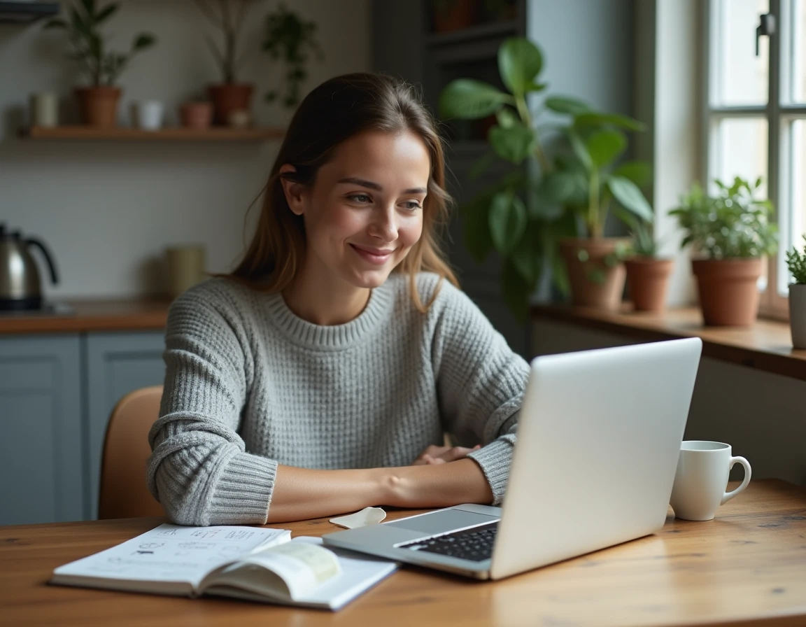 Femme consultant un devis décoration gratuit en ligne sur son ordinateur portable dans un appartement modeste et chaleureux
