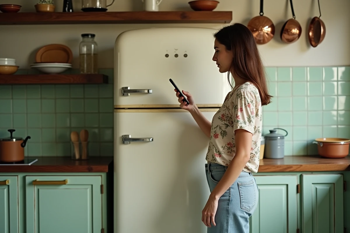 Femme utilisant son téléphone pour identifier le bruit d'un vieux réfrigérateur vintage dans une cuisine rétro