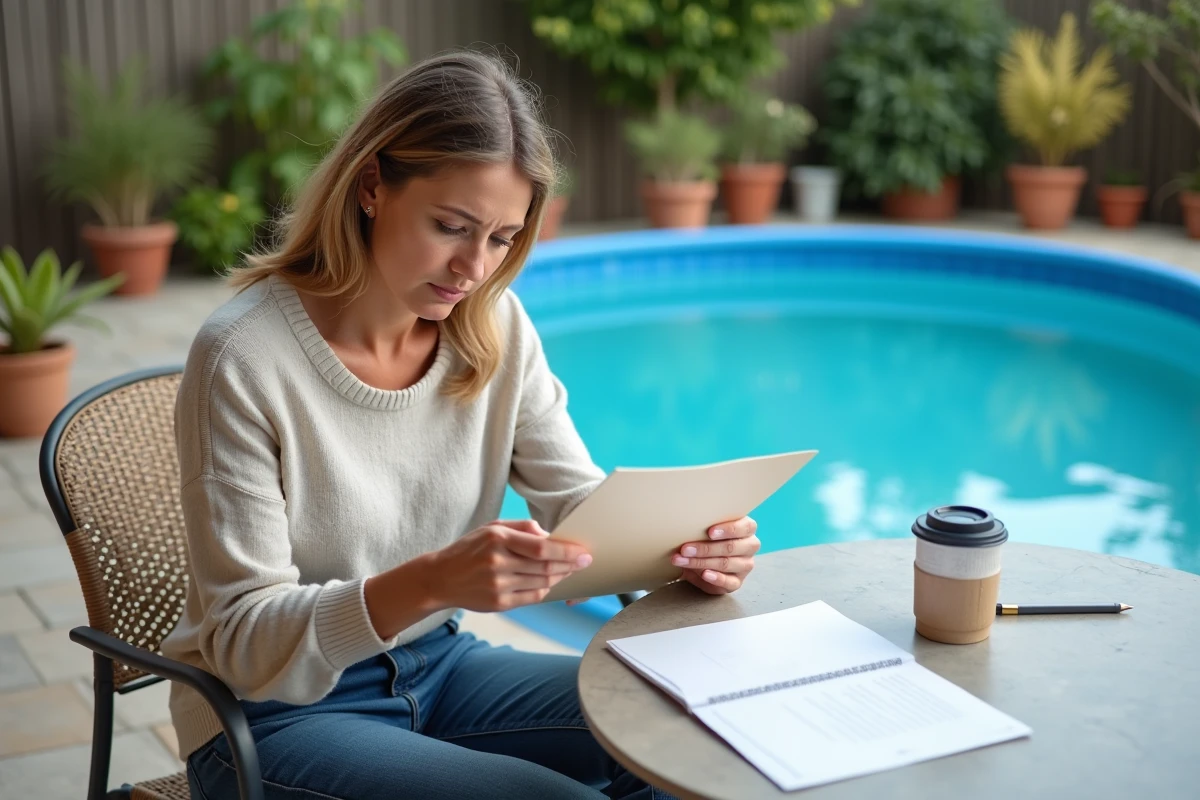 Femme en jeans et pull à côté de piscine en train de trier des papiers