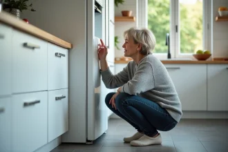 Femme accroupie qui écoute le bruit de son réfrigérateur blanc dans une cuisine moderne