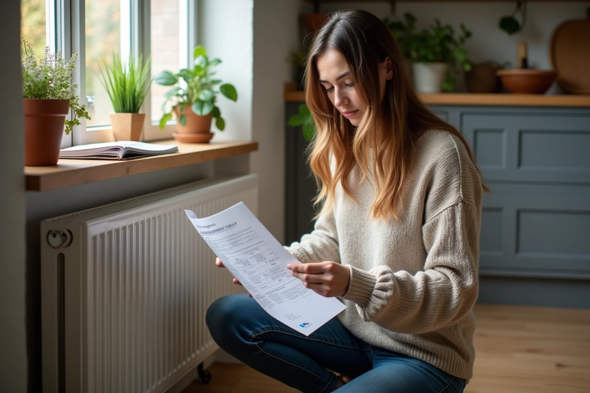 Jeune femme examine rapport energie dans cuisine moderne