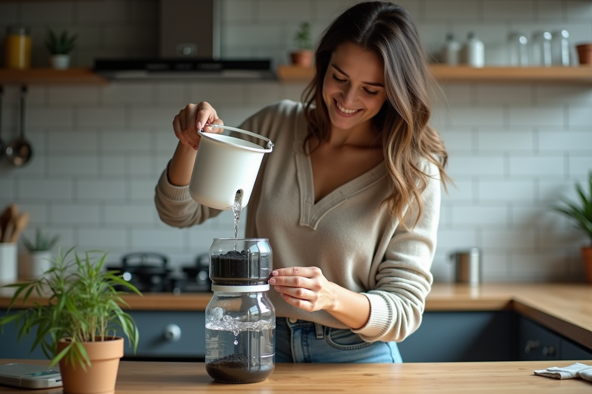 Jeune femme verse eau filtrée dans un setup maison dans la cuisine