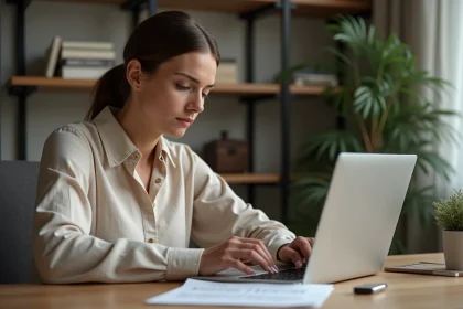 Femme à son bureau remplissant un formulaire en ligne pour un justificatif de domicile