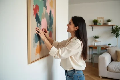 Femme accrochant une peinture abstraite dans un salon moderne