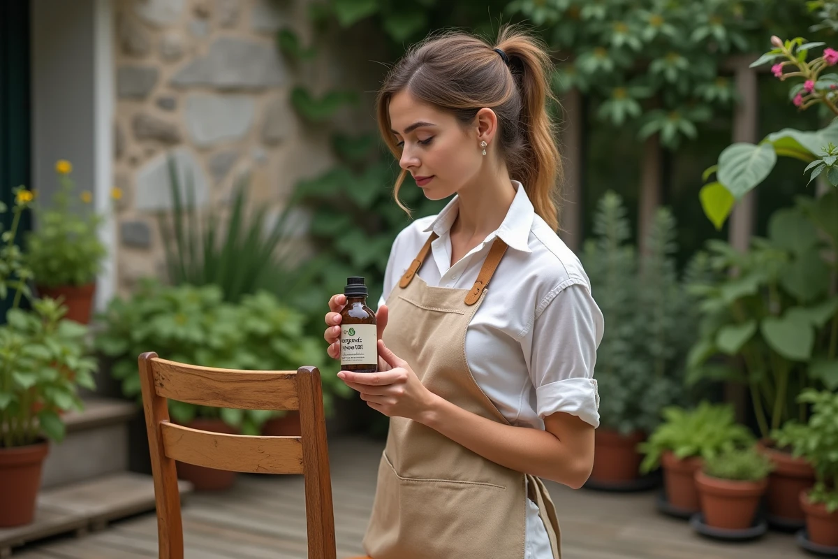 Jeune femme examinant une chaise en extérieur