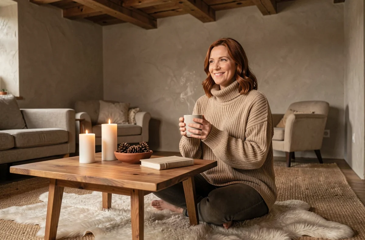 Femme en pull turtleneck tenant un mug chaud entourée de bougies à fausse flamme sur un tapis en peau de mouton dans un intérieur hygge