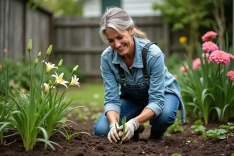 Femme en jardinage plantant un lys dans la terre
