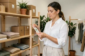 Femme inspectant un label écoresponsable sur un vêtement dans une boutique de mode durable