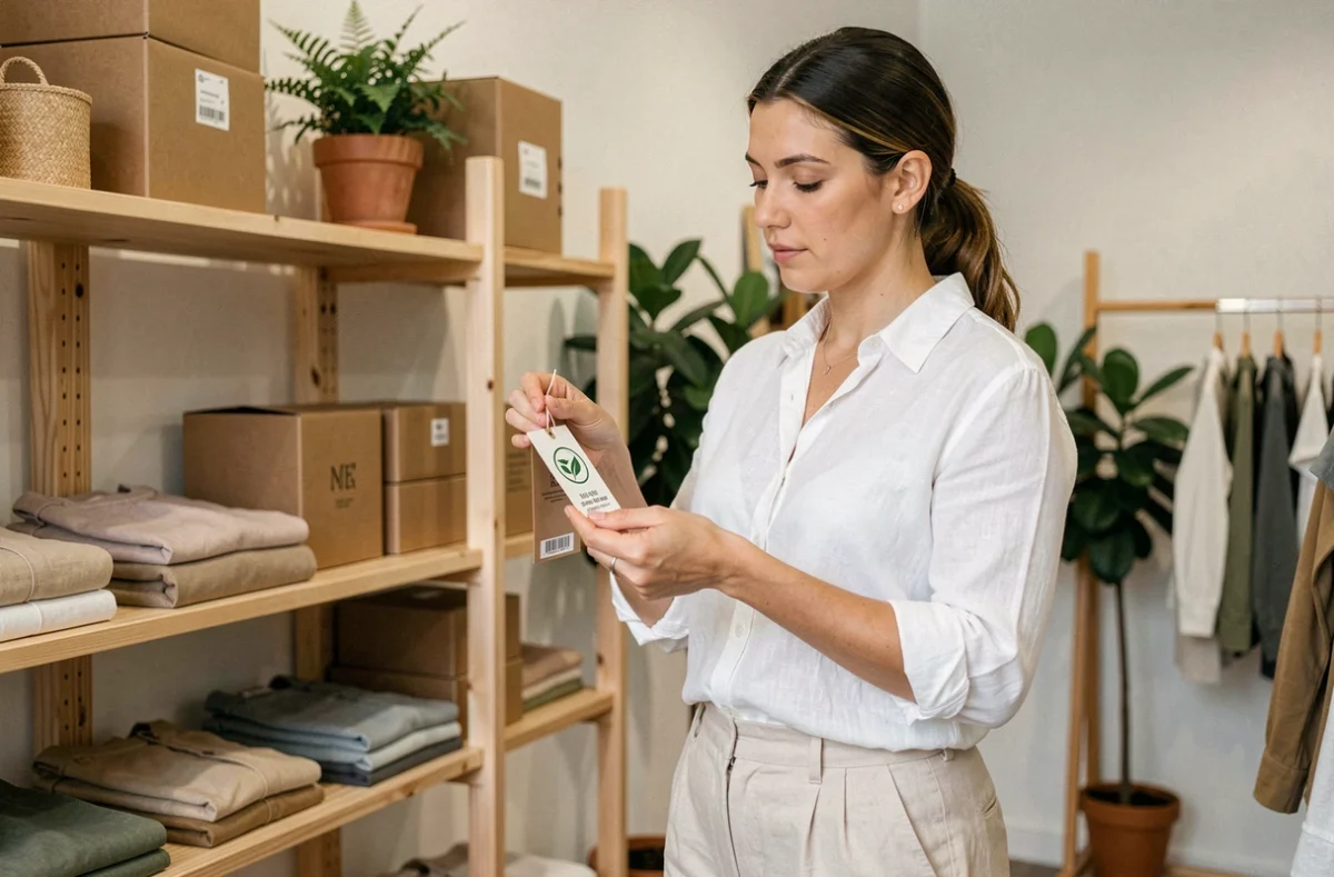 Femme inspectant un label écoresponsable sur un vêtement dans une boutique de mode durable