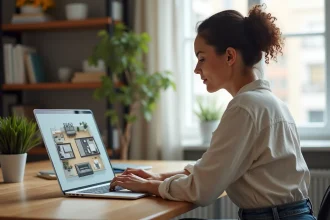 Femme utilisant un logiciel de plan 3D Kazaplan pour aménager son salon sur un ordinateur portable