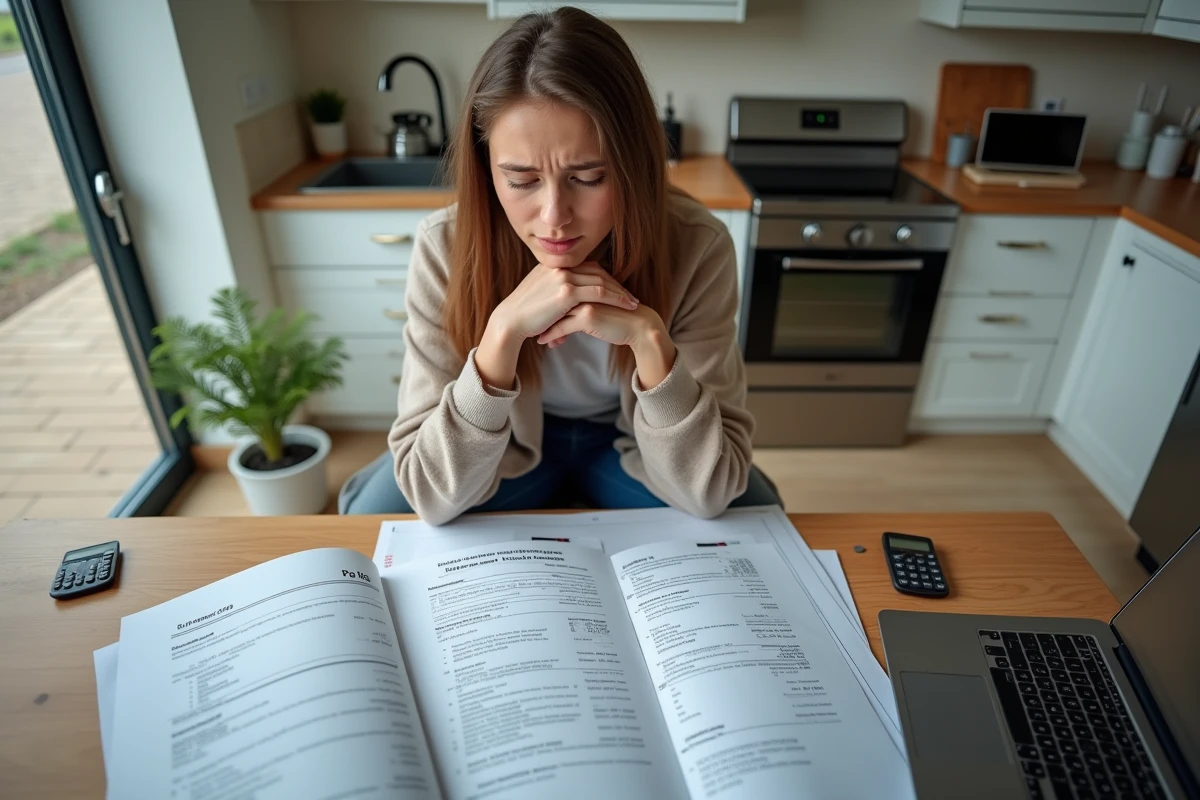Jeune femme lisant devis de béton à la maison