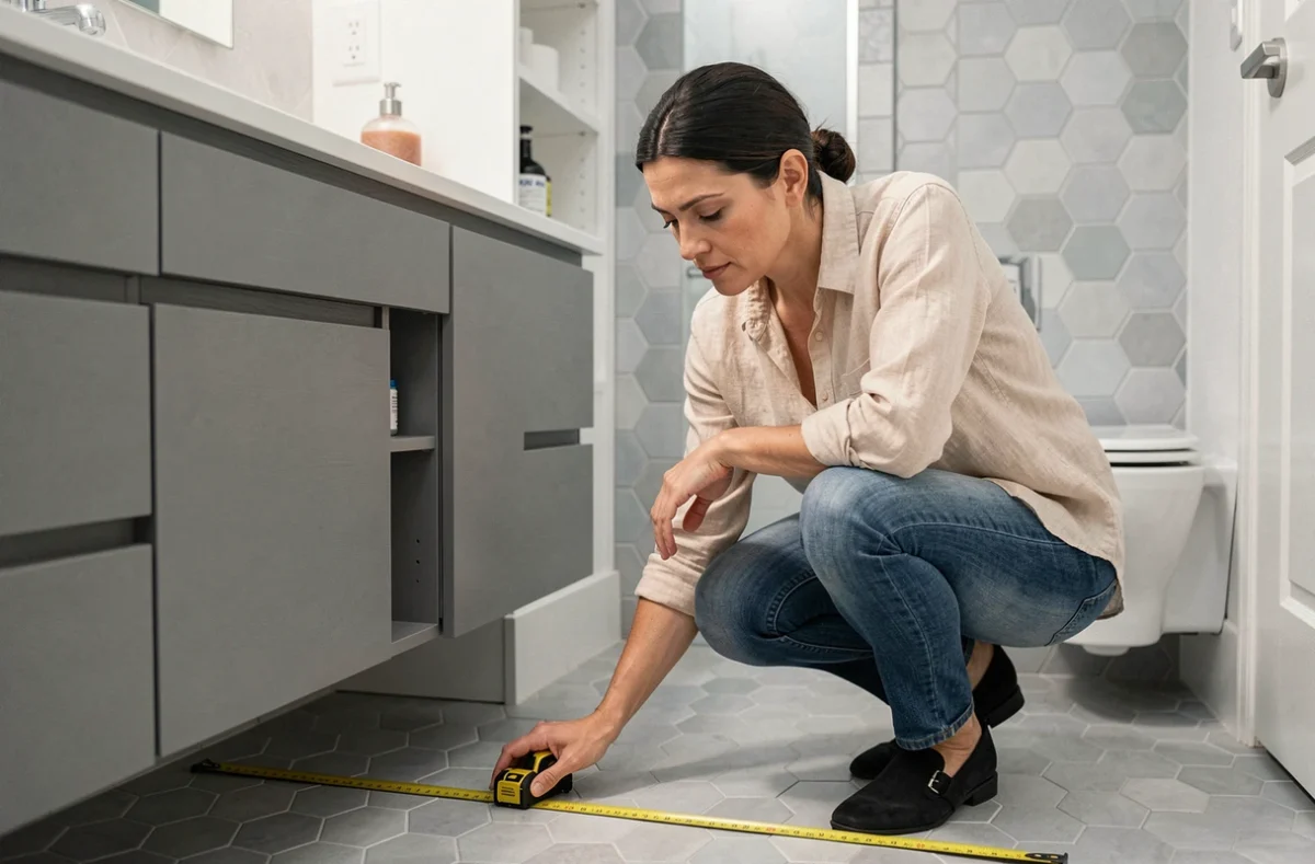 Femme mesurant l'espace dans une petite salle de bain pour optimiser l'aménagement avec meuble vasque suspendu