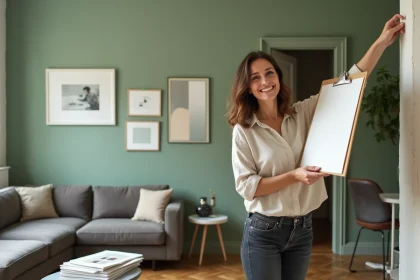 Femme tenant un moodboard de décoration intérieure devant un mur repeint en vert sauge dans un appartement en cours de rénovation