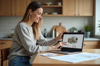 Femme concentrée pointant un plan de maison numérique