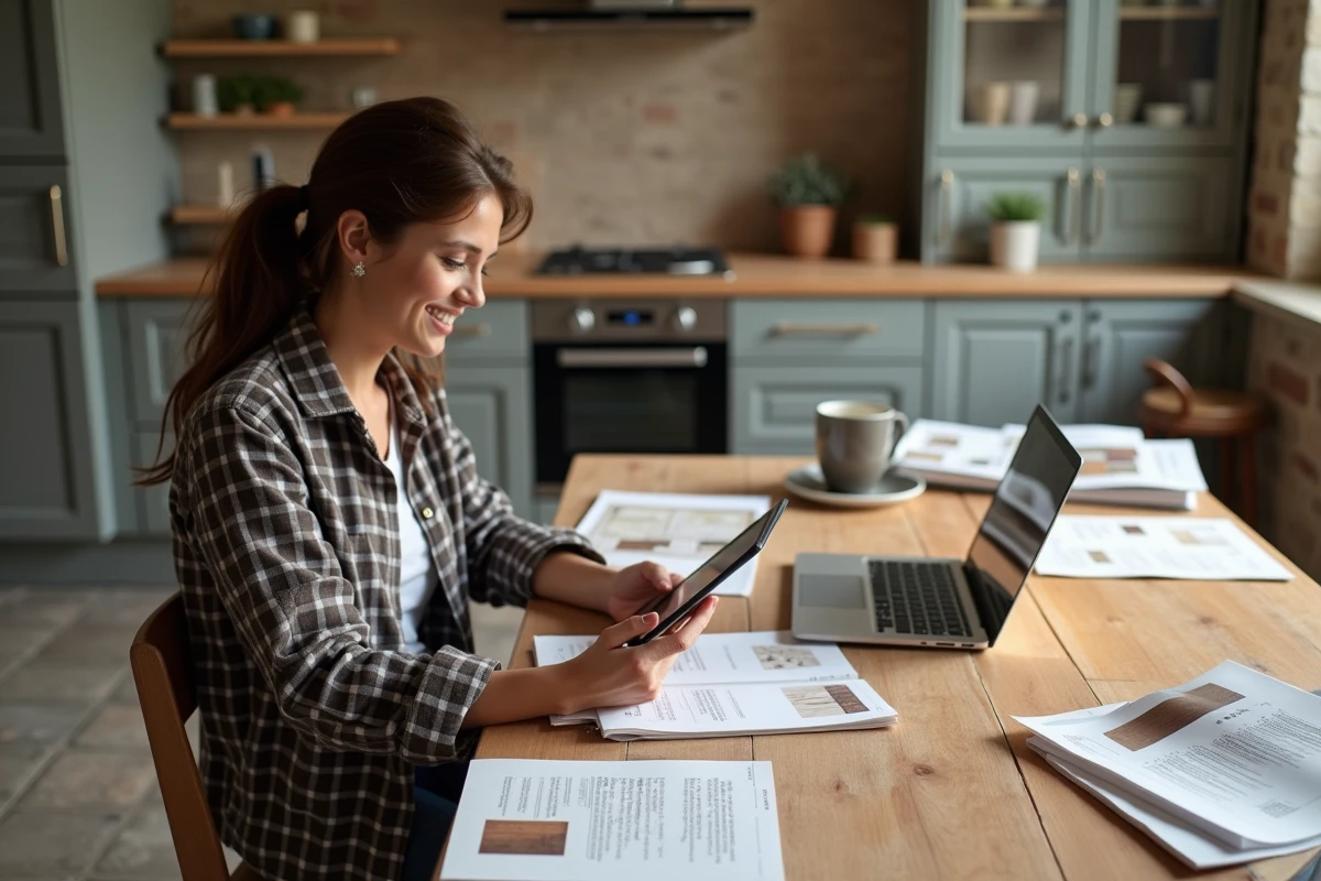 Jeune femme regardant des plans sur une tablette dans une cuisine lumineuse