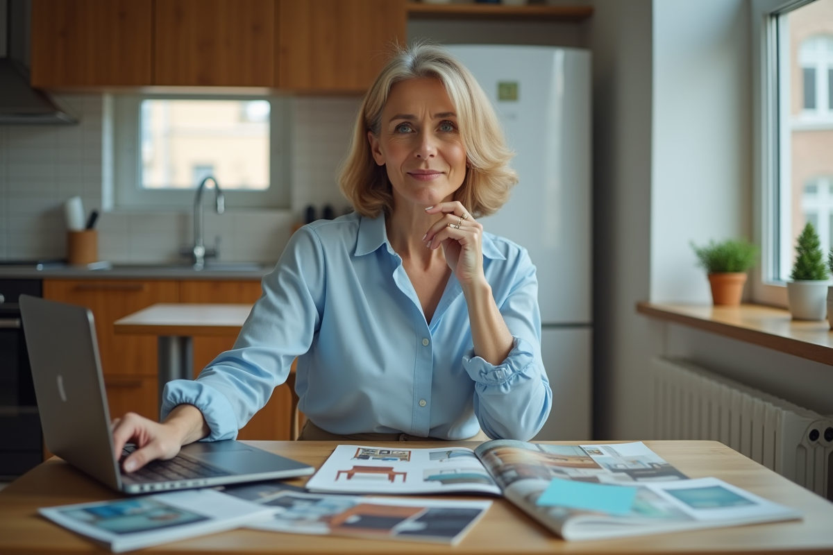 Femme réfléchissant avec catalogues de meubles dans une cuisine urbaine