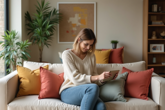 Jeune femme dans un salon cosy choisissant des coussins colorés
