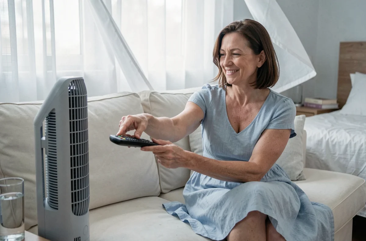Femme utilisant la télécommande d'un ventilateur colonne Valberg dans une chambre d'appartement