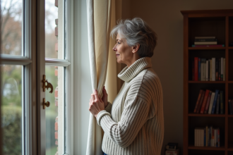 Femme vérifiant l'isolation d'une fenêtre dans un salon cosy