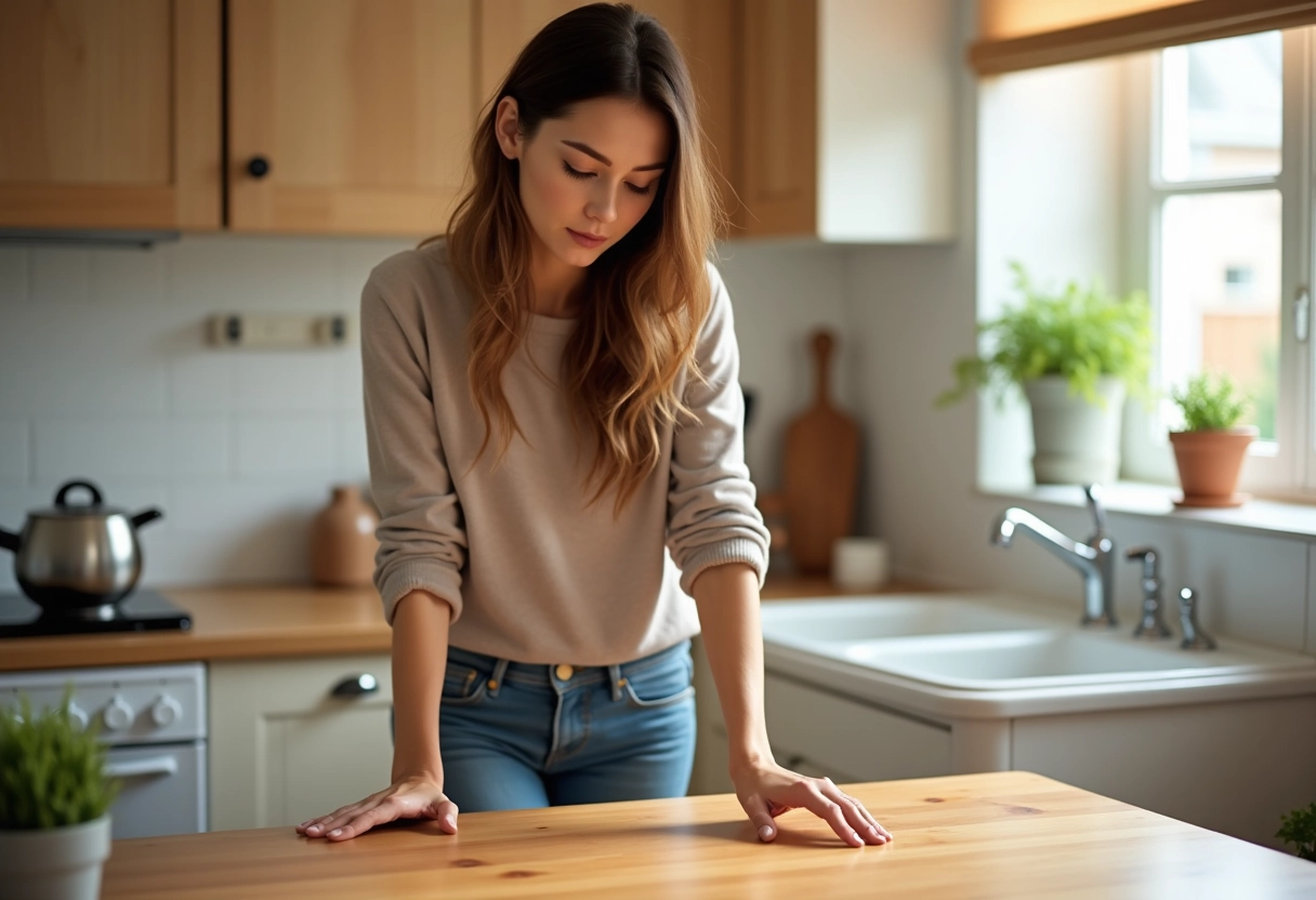 Femme examinant la surface en bois huilée de la cuisine
