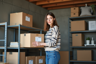 Femme organisant des cartons dans un espace de stockage moderne