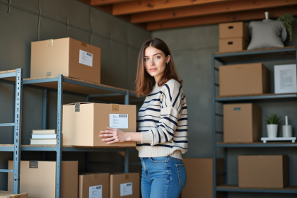 Femme organisant des cartons dans un espace de stockage moderne