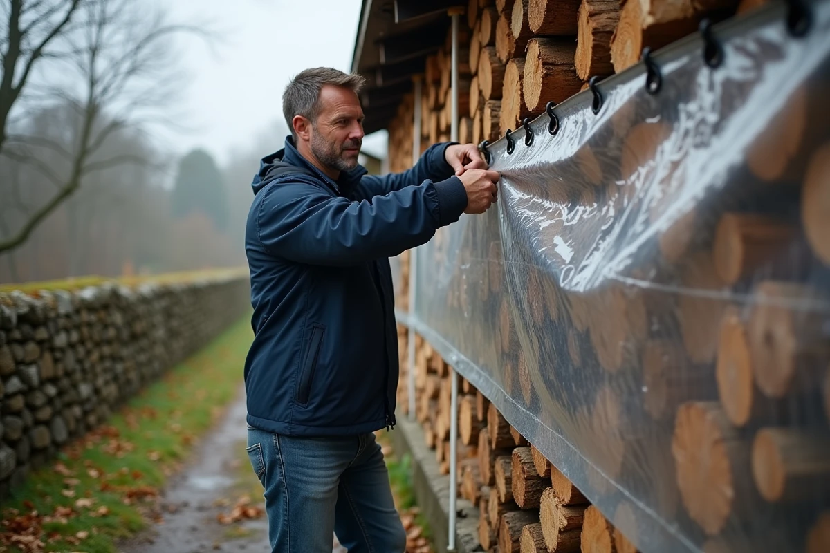 Homme fixant une bâche transparente résistante au vent sur un tas de bois en extérieur