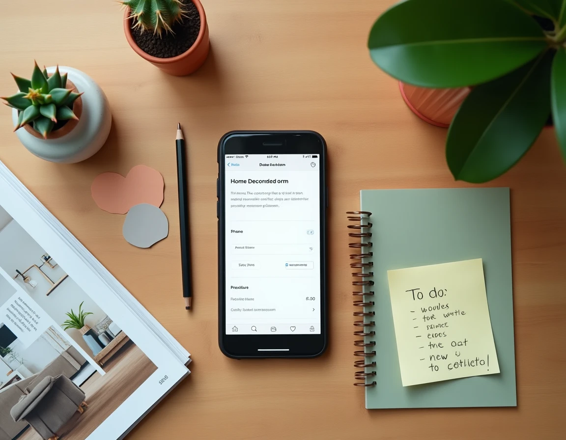Vue aérienne d'un bureau avec smartphone affichant un formulaire de devis décoration gratuit entouré d'échantillons de couleurs et de magazines