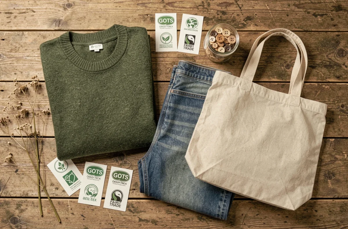 Flatlay de vêtements écoresponsables avec labels certifiés GOTS et Oeko-Tex sur table en bois