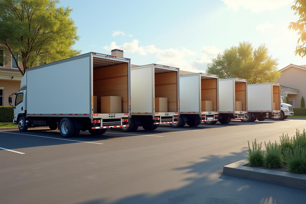Différents camions de déménagement alignés dans un parking ensoleille