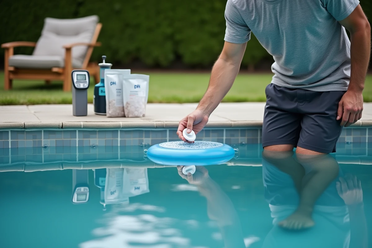 Homme déposant des galets de chlore dans un diffuseur flottant de piscine avec les produits de dosage posés sur une table en bois