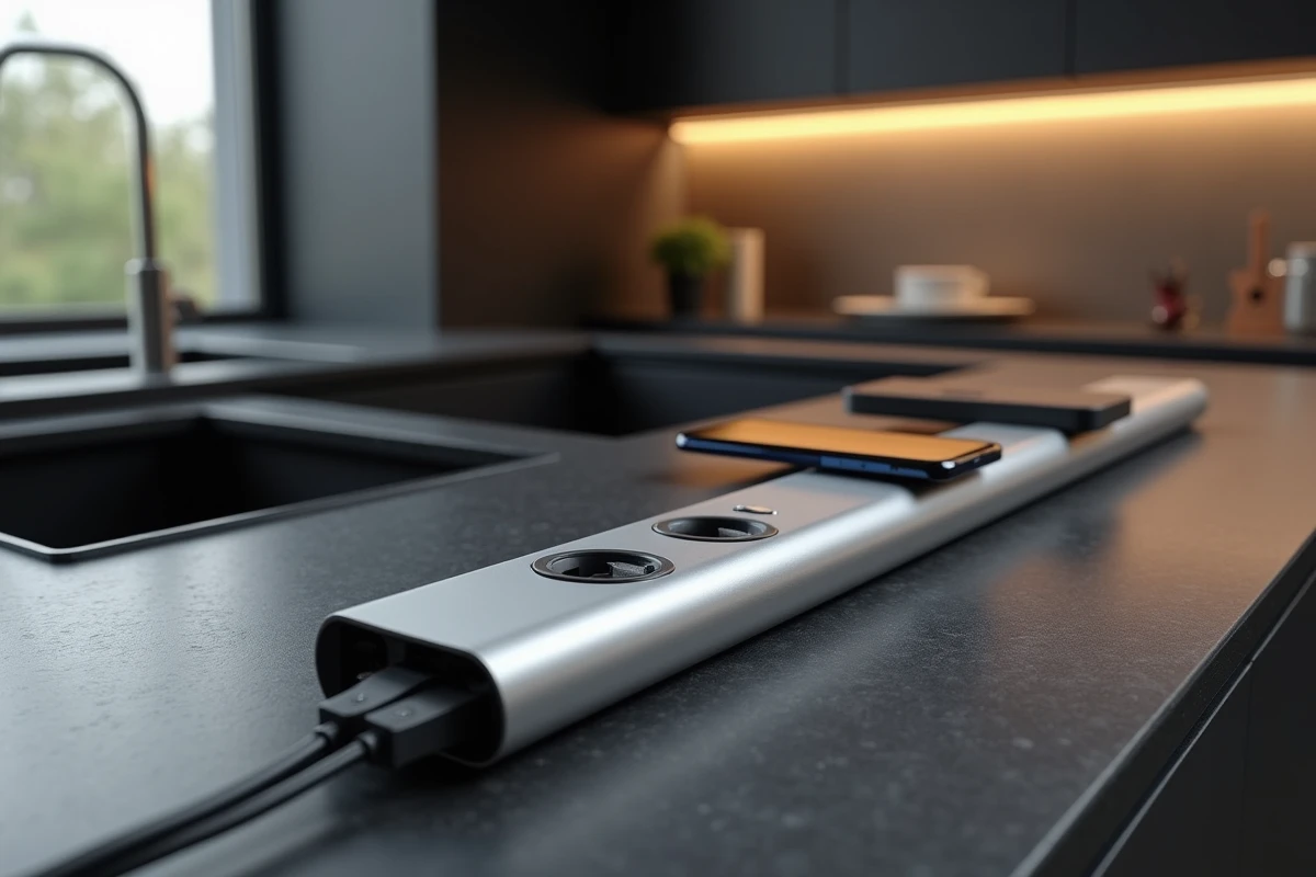 Goulotte aluminium brossé avec prises encastrées sur plan de travail de cuisine sombre, câbles organisés