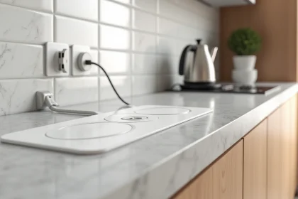 Goulotte PVC blanche avec prises intégrées installée sur crédence de cuisine au-dessus du plan de travail