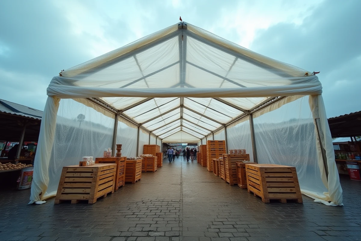 Grande bâche transparente résistante au vent utilisée comme abri de marché extérieur sur des pavés