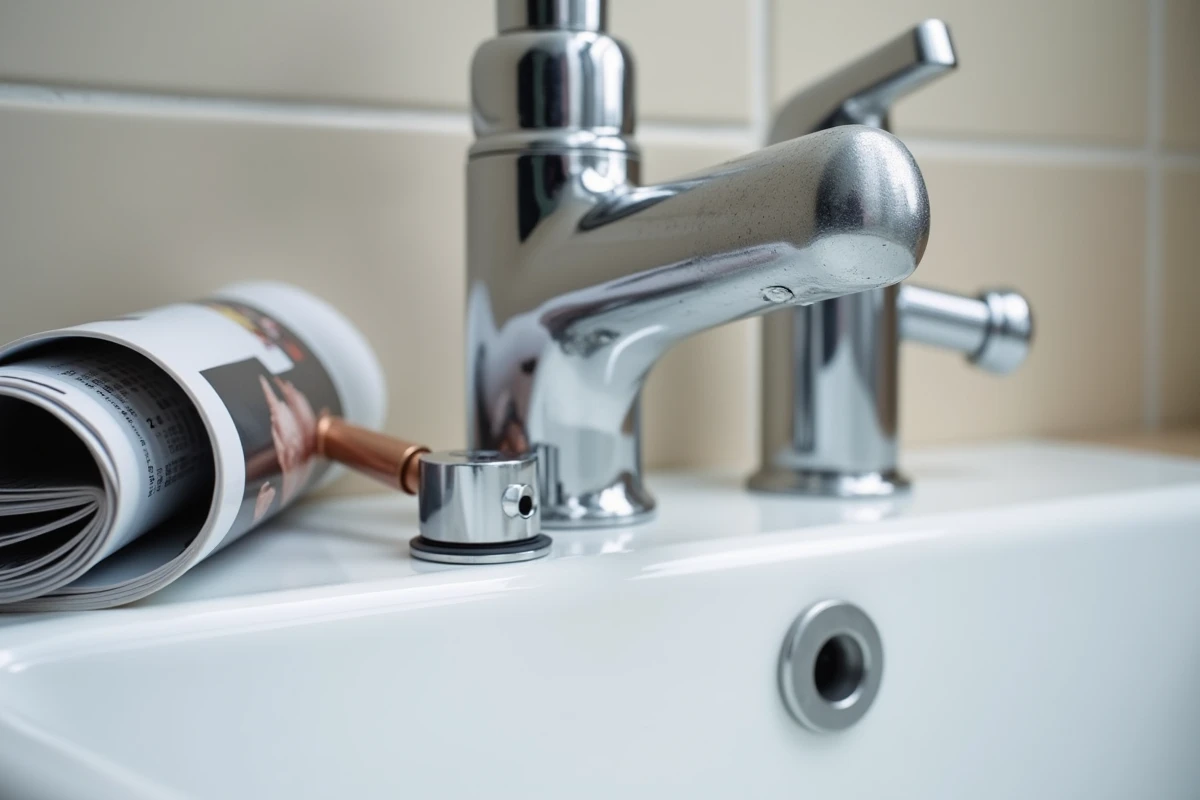 Gros plan sur un aimant anti-calcaire installé sur une canalisation en cuivre avec un magazine de test consommateur ouvert à côté