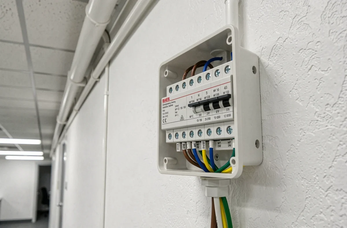 Gros plan sur le bornier d'un BAES ouvert avec câblage conforme à la norme NF C 15-100 sur cloison blanche
