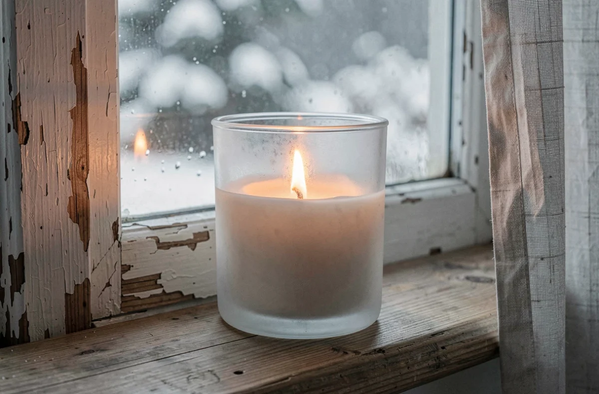 Gros plan d'une bougie à fausse flamme LED dans un bougeoir en verre givré sur un rebord de fenêtre avec jardin enneigé en arrière-plan