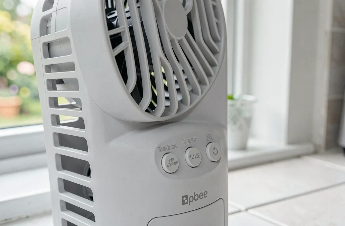 Gros plan sur les boutons de contrôle et la grille oscillante d'un ventilateur colonne Valberg en cuisine